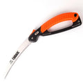 230mm folding pruning saw with TPR handle extended for cutting, showing 65MN steel blade with 32 teeth