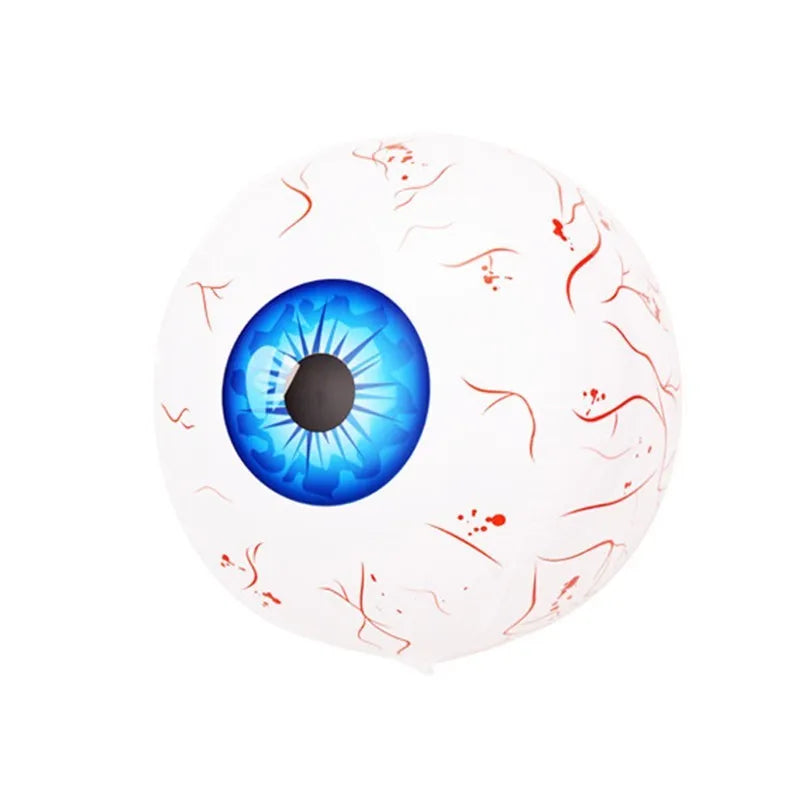Green Halloween eyeball inflatable balloon with bloodshot pattern, shown inflated.