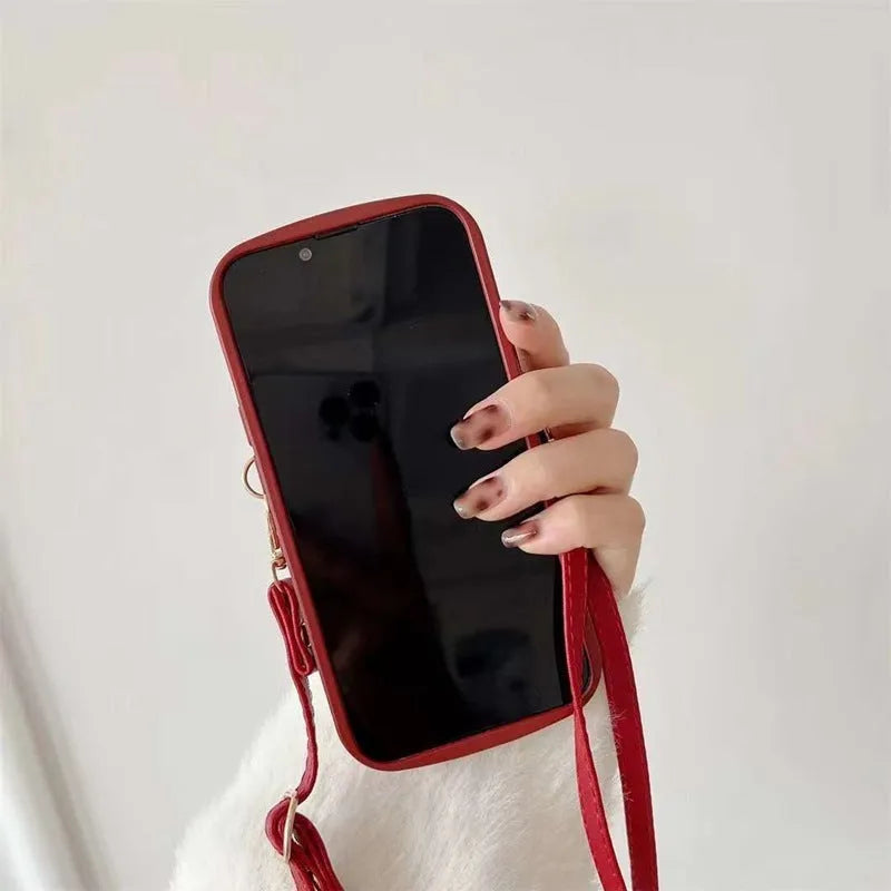 Red crossbody card holder phone case with lanyard and red diamond plaid TPU finish for iPhone
