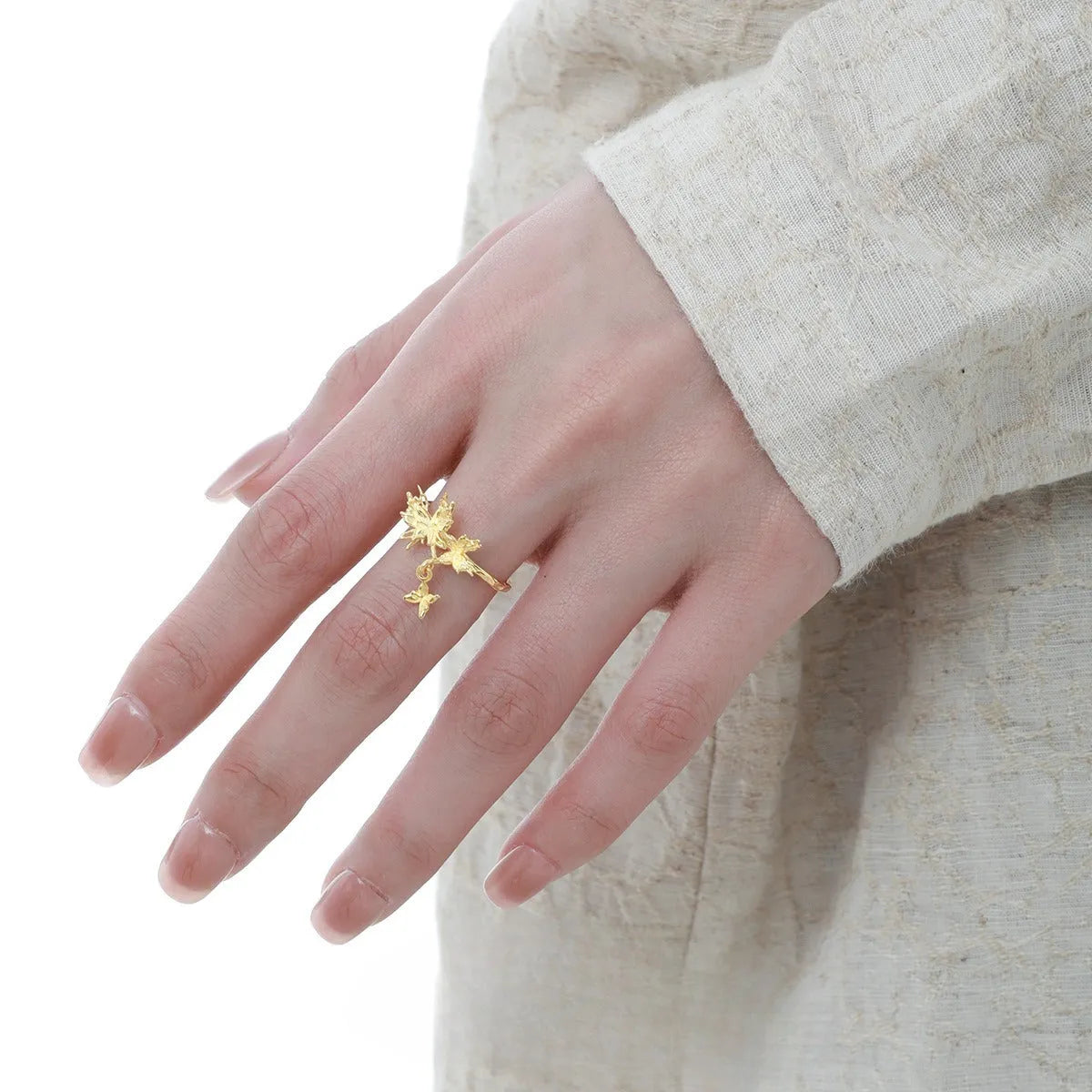 Silver adjustable open ring with butterfly design in 18K gold and white gold electroplated finishes
