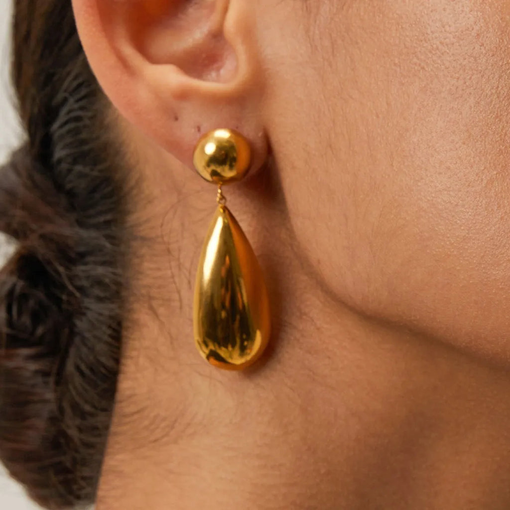 Gold stainless steel hemisphere water drop pendant earrings geometric jewellery design