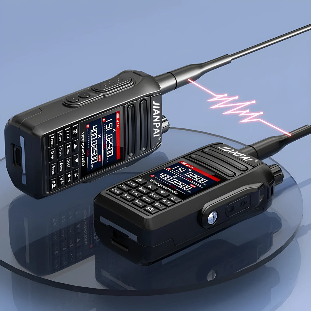 Black Interphone waterproof aviation walkie talkie with antenna, battery, back clip, and seat charger.