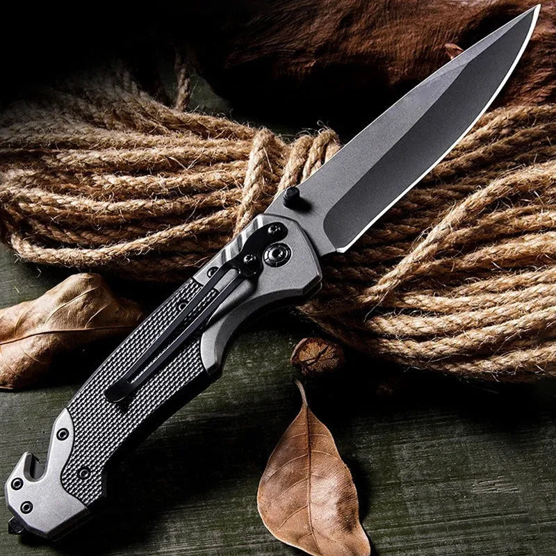 Alloy folding knife showing blade and handle with 60-degree tip angle