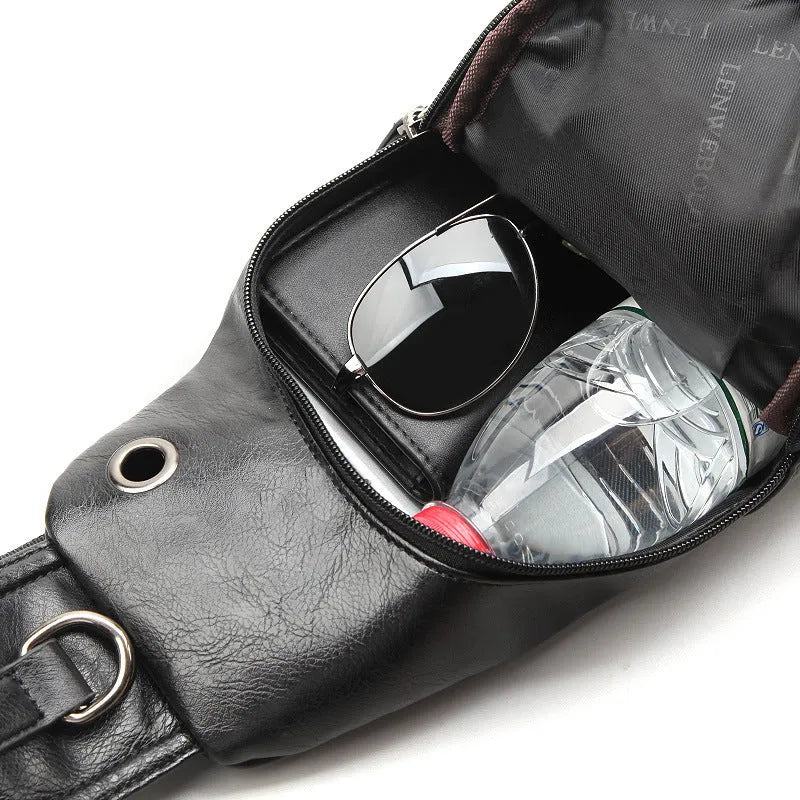 Tide Men's PU leather chest single shoulder bag, small square shape, zippered, with adjustable strap