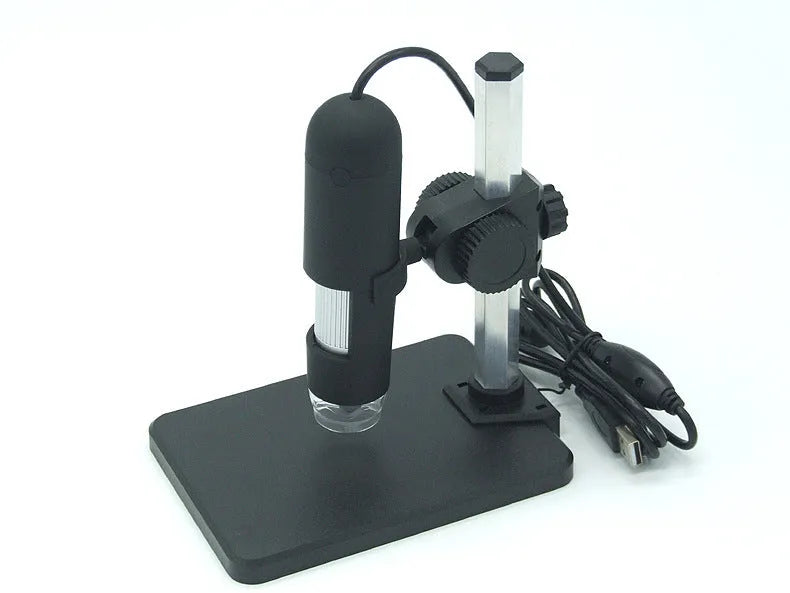 Black USB microscope camera with 1000X magnification, 8 LED lights, and adjustable focus
