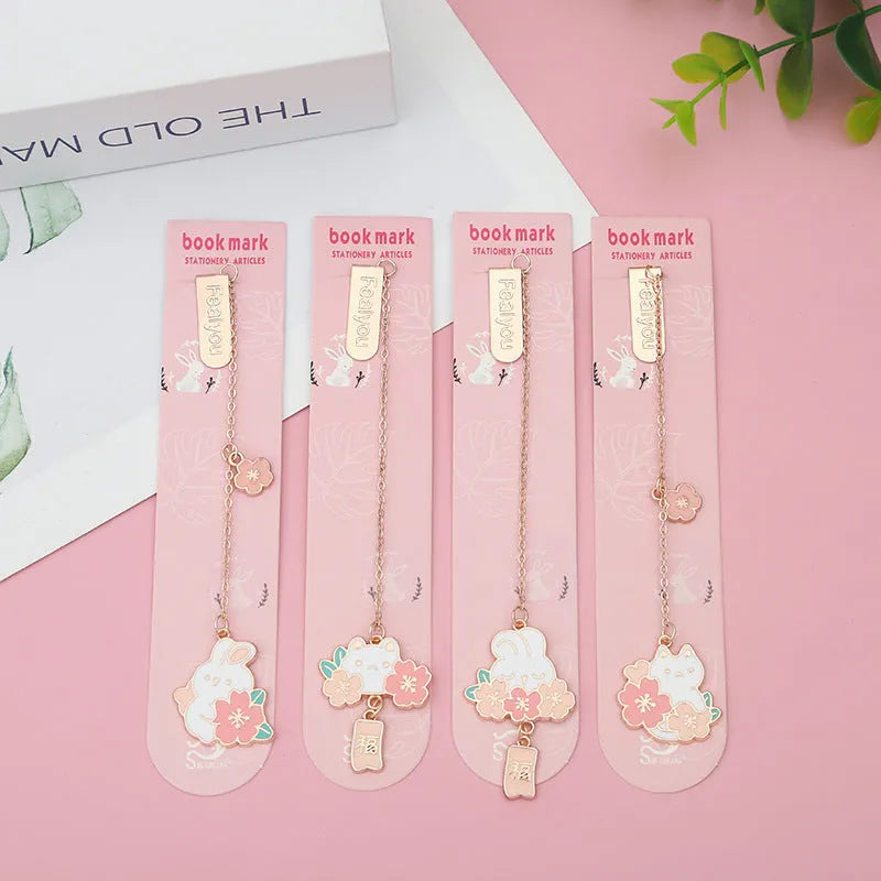 Metal pendant bookmark with cherry blossom cartoon cat design for books and journals