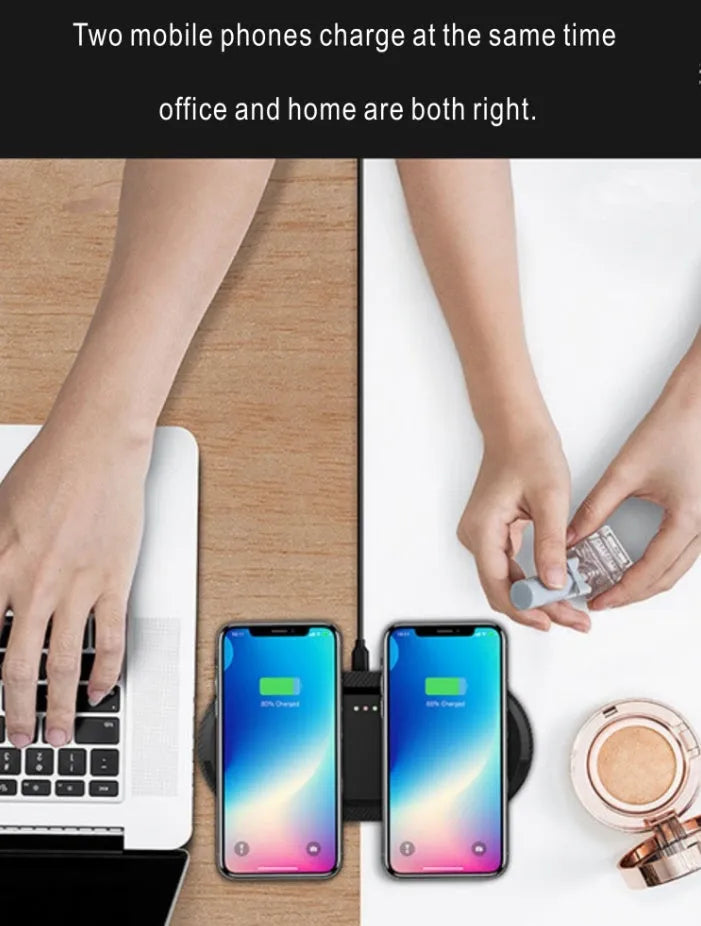 Black dual wireless charging pad charging two smartphones simultaneously with Type-C cable