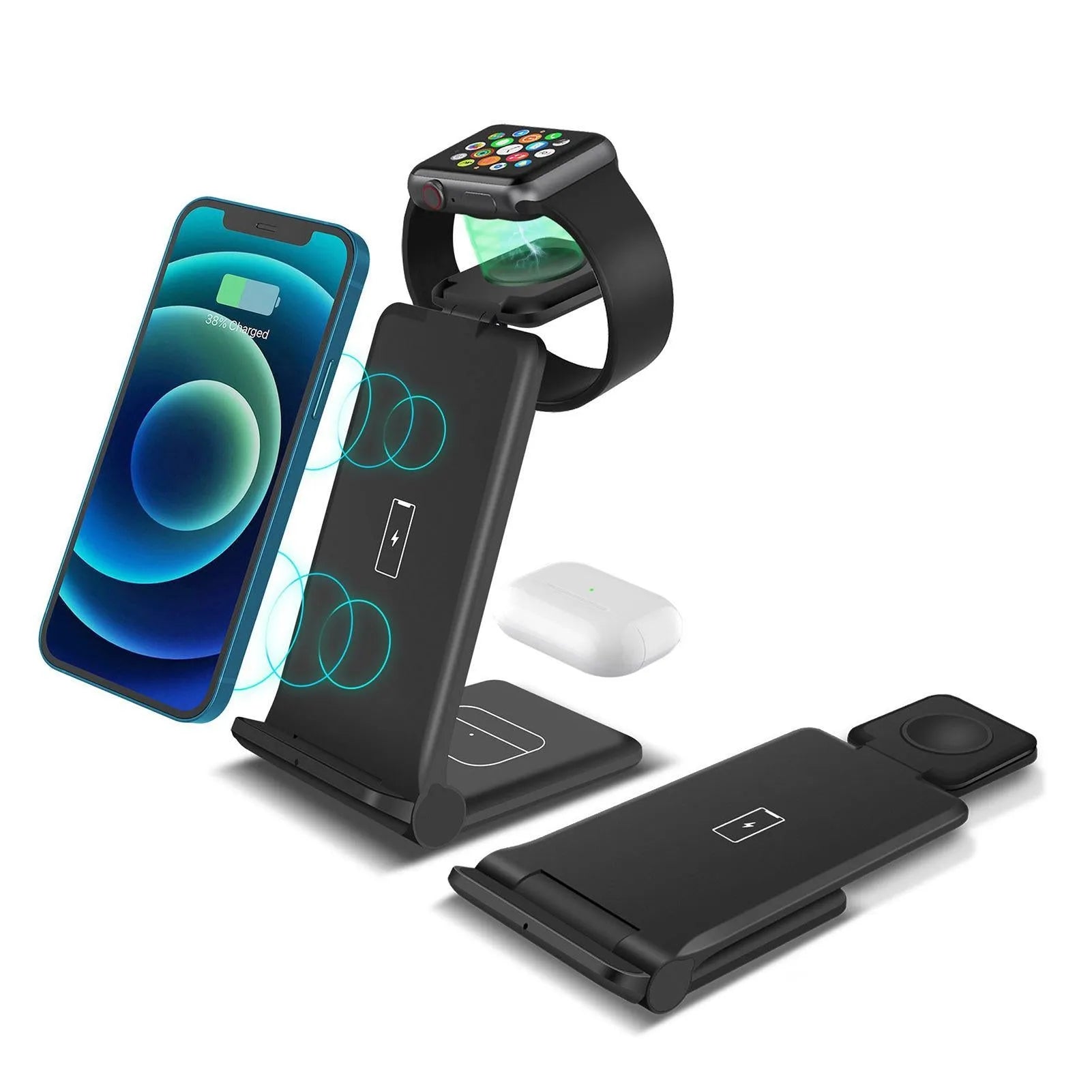 White 3-in-1 wireless charging station folded, charging an iPhone, AirPods case, and Apple Watch.