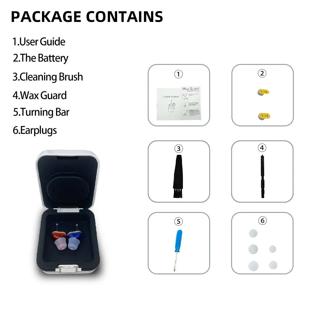 Q10 wireless mini invisible hearing aid in red and blue plastic casing
