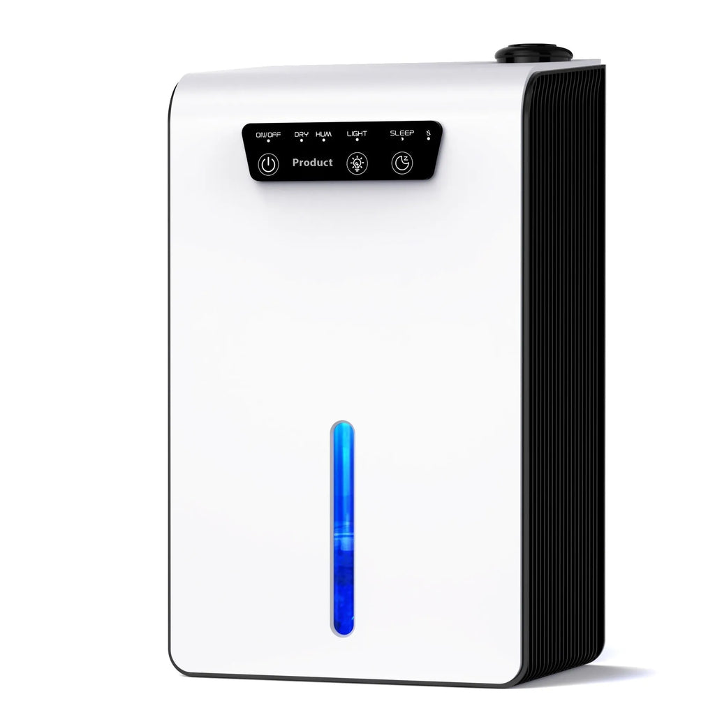 Milky white compact household dehumidifier with water tank for bedrooms up to 20 square metres.