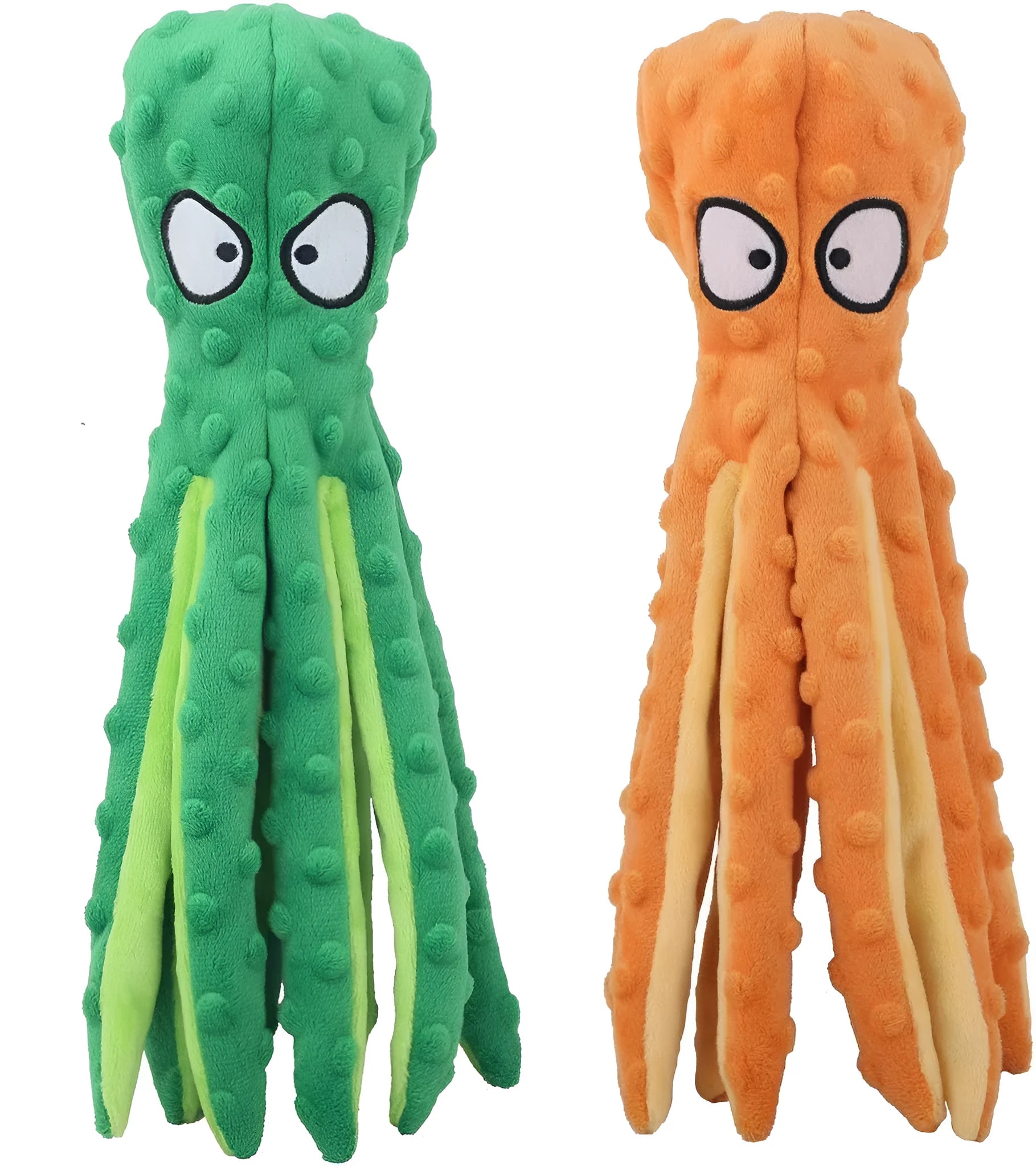 Blue octopus-shaped plush dog toy with crinkle paper and squeaker, no stuffing, for small medium large dogs.