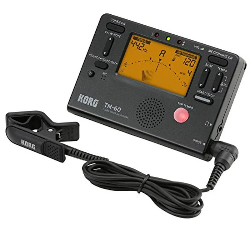 TM-60 black and white electronic metronome and tuner with digital display showing BPM.