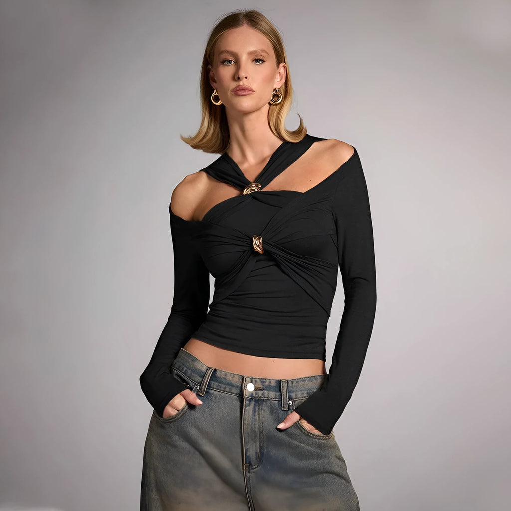 Women's black halter top with shoulder-baring neckline, long sleeves, and slim fit silhouette