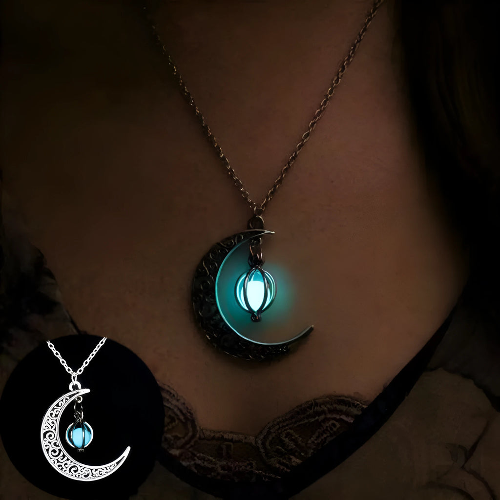 Moon-shaped luminous fluorite pendant necklace with bamboo chain in sky blue colour