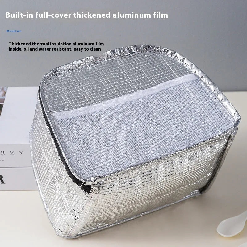 Large capacity insulated lunch box bag in textured cloth material with bento box