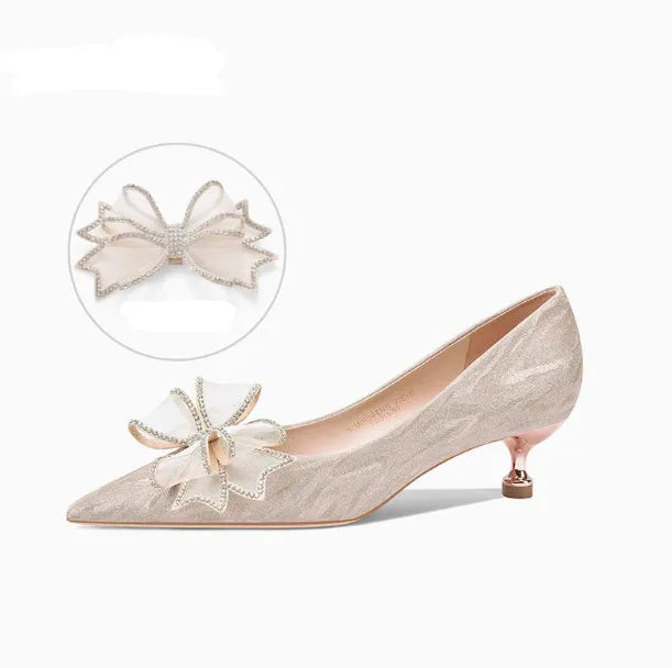 Champagne crystal sequin pointed stiletto heels with low-cut vamp for wedding banquets