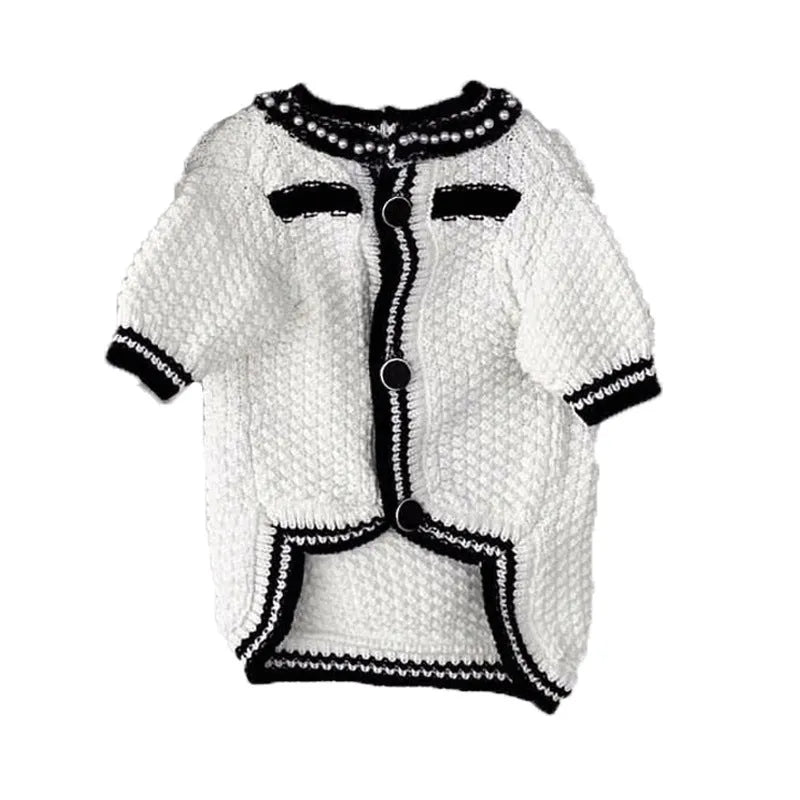 Korean style white dog sweater with pearl collar on small breed pet