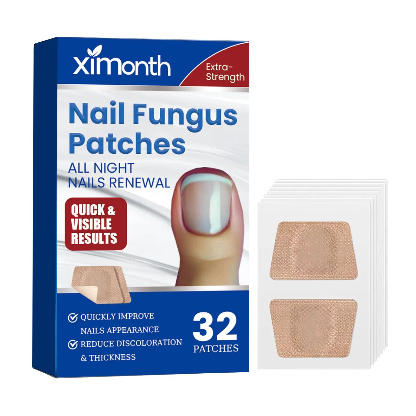 Box of 32 nail repair adhesive bandages for cuticle care, each patch 6.1 cm by 3.5 cm