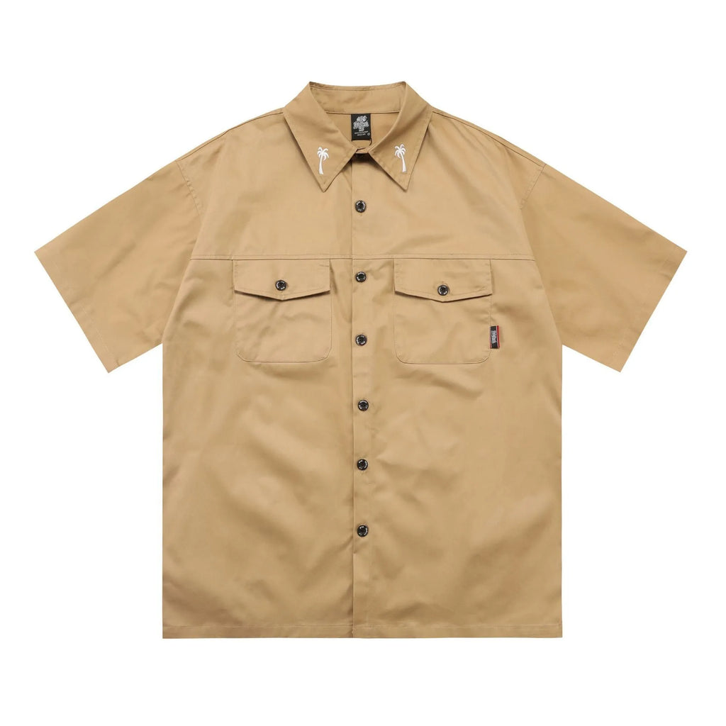 Men's loose fit embroidered cotton blend half sleeve shirt in black and khaki colours