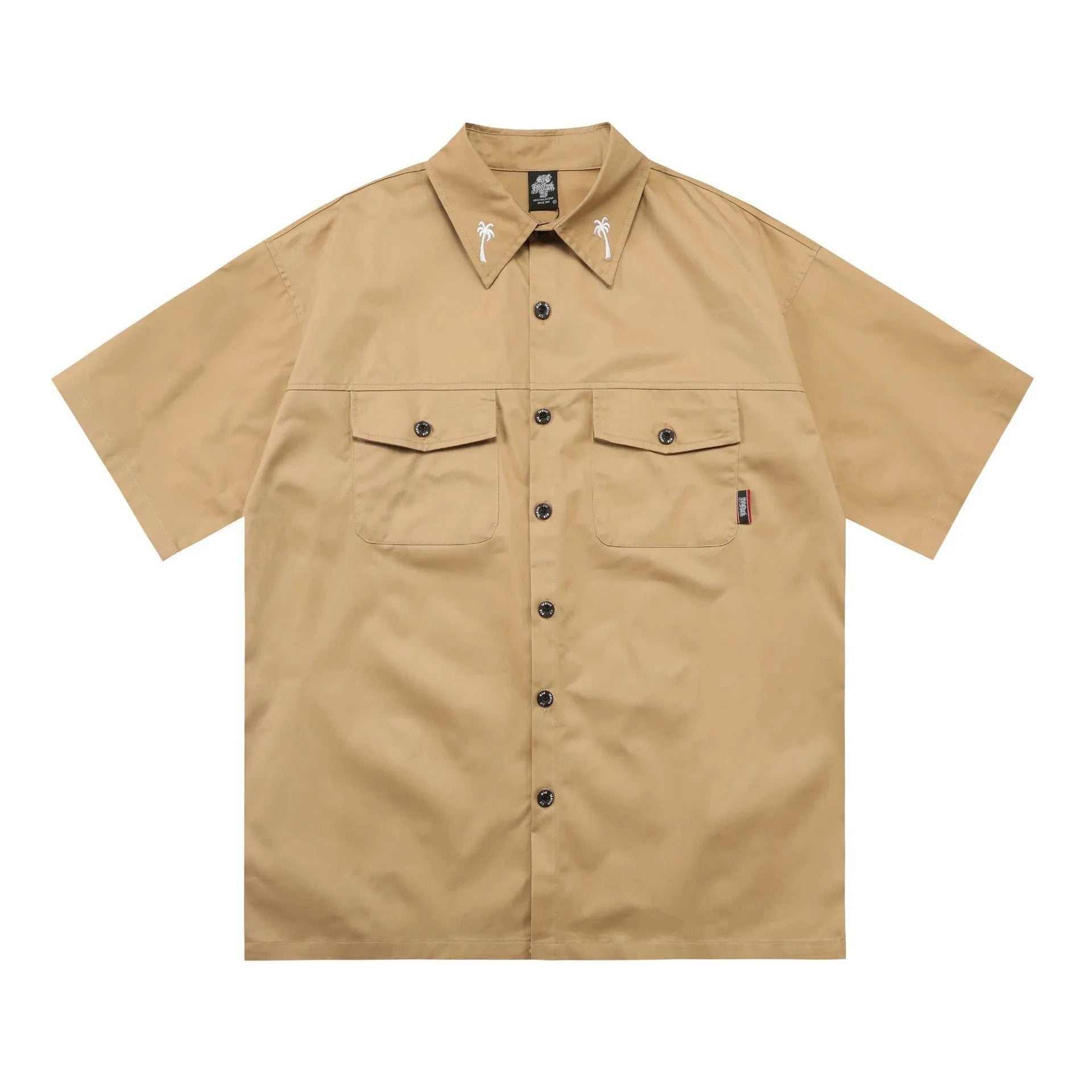 Men's loose fit embroidered cotton blend half sleeve shirt in black and khaki colours