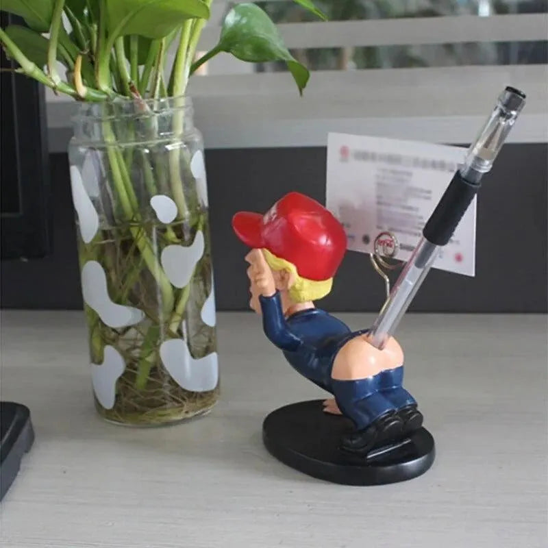 Blue resin pen holder shaking head doll business card organiser on desk