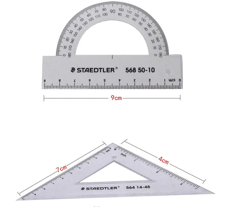 Four-piece plastic ruler set with 15cm ruler, triangles and protractor in transparent and neon colours