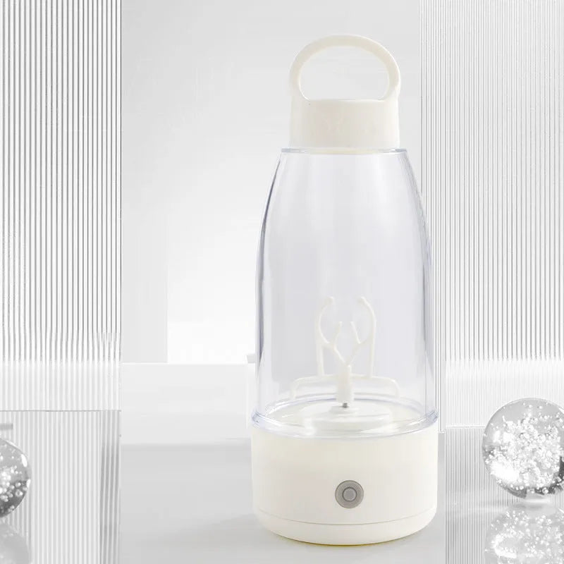 Automatic electric shaker bottle with USB charging port and handle in green, pink, and white colours