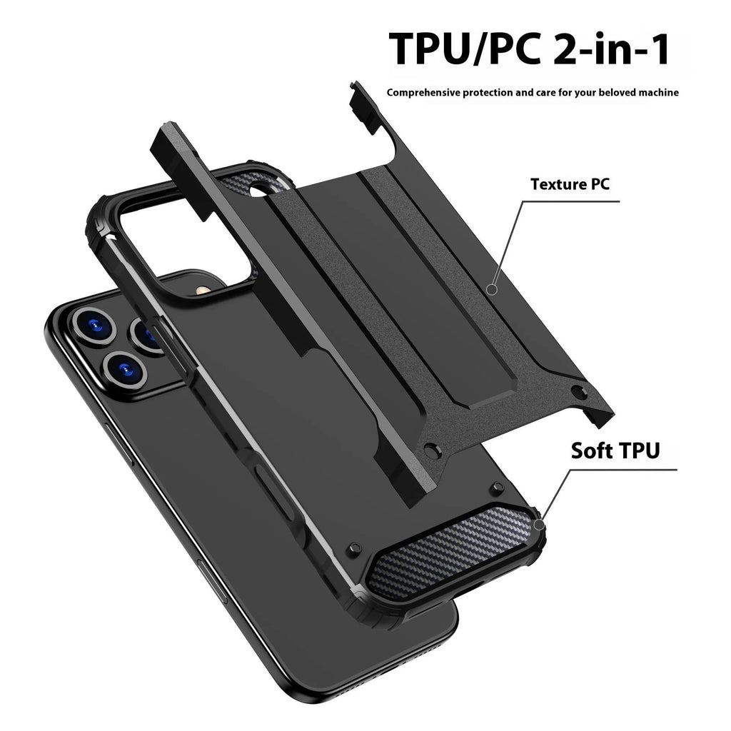 Steel Armor phone case in black for iPhone 15 Pro, showing two-in-one TPU PC design