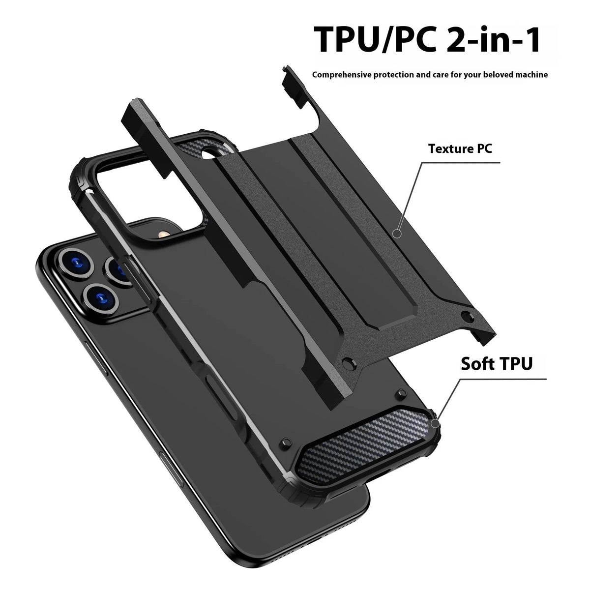 Steel Armor phone case in black for iPhone 15 Pro, showing two-in-one TPU PC design