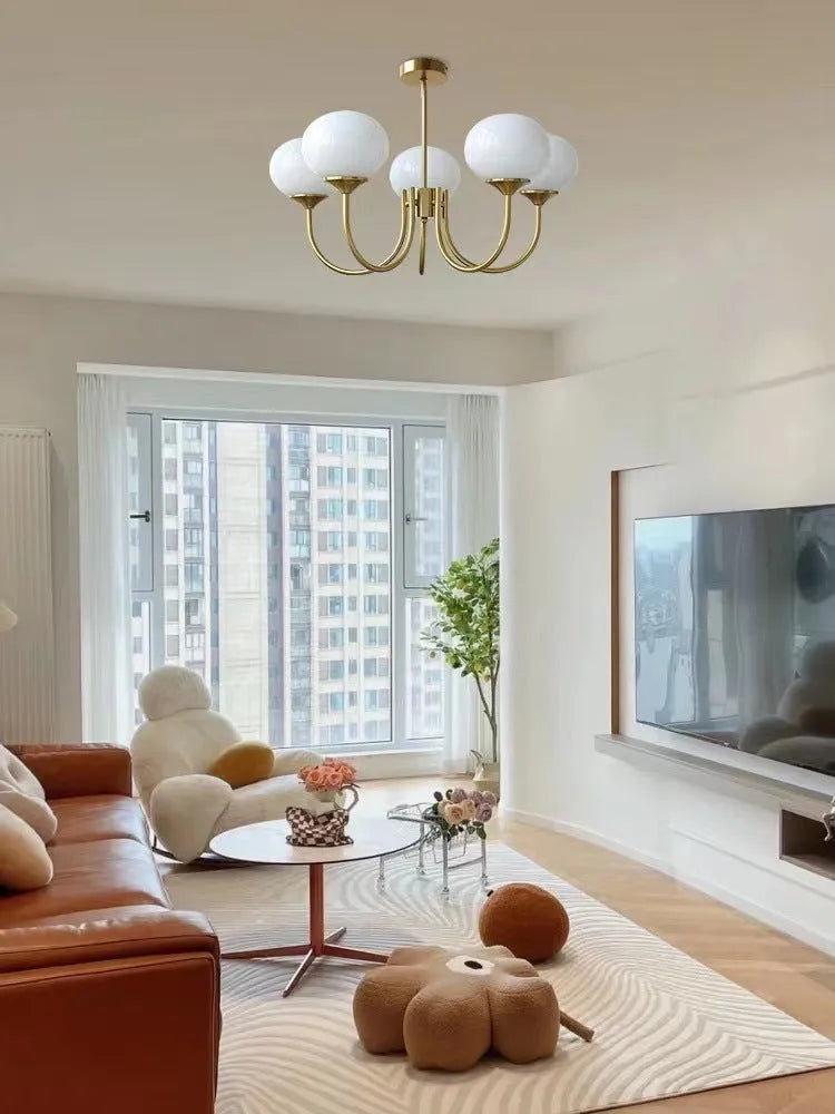 Retro five-head glass chandelier with iron frame and LED tricolour light in milky white finish