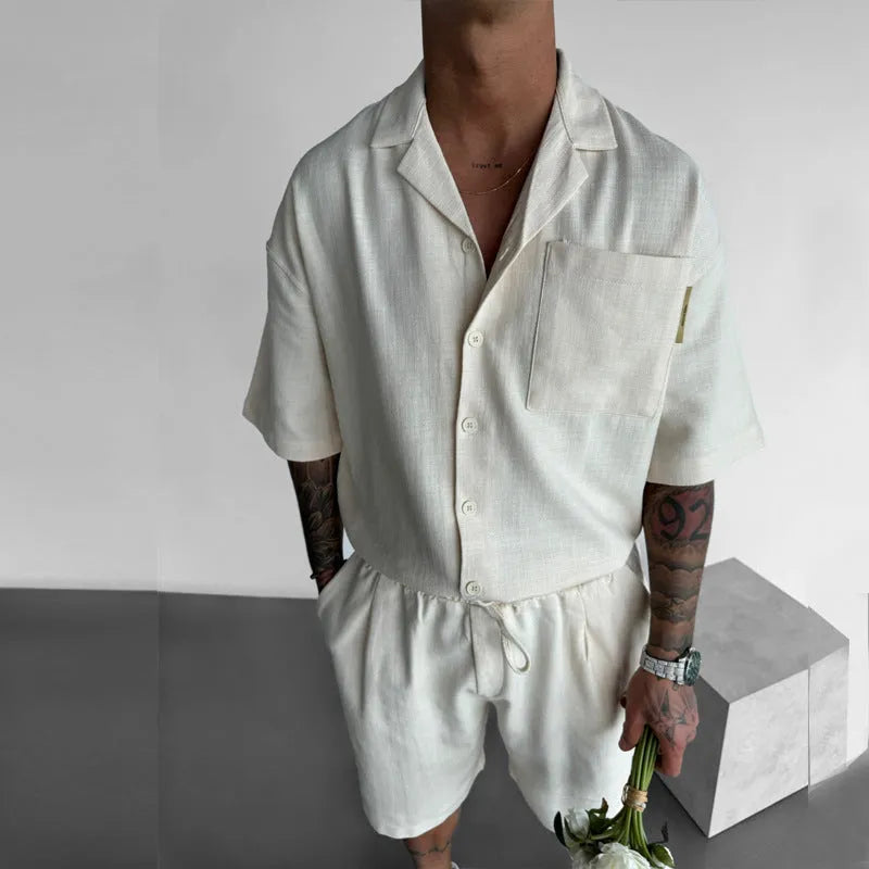 Men's casual polo collar short sleeve shirt and shorts suit in polyester fibre, apricot colour, front view