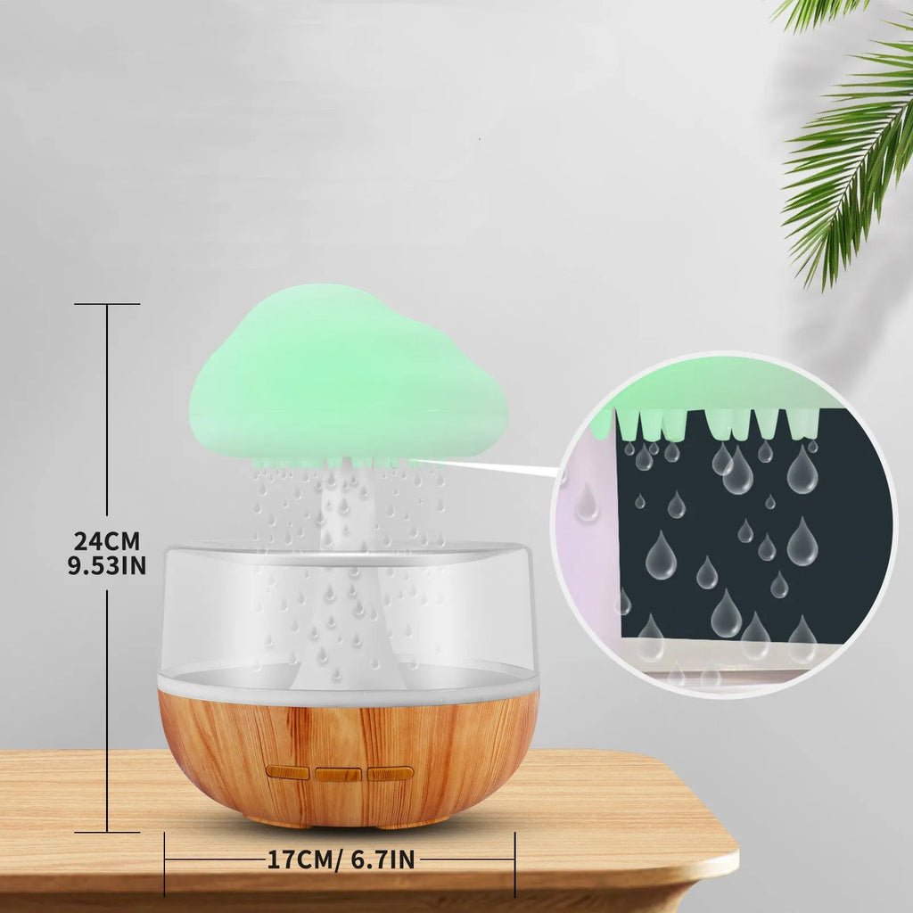 White raining cloud shaped humidifier with LED mood lights and water drop effect