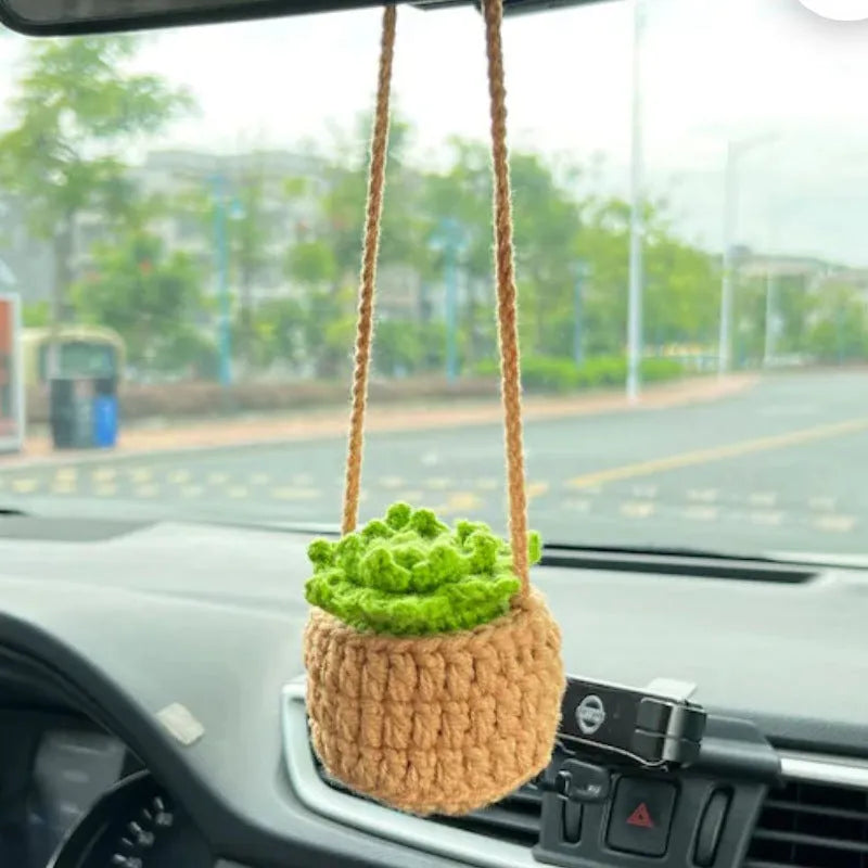 Knitted wool car plant decoration with green and white pattern, 8cm basin and hanging cord