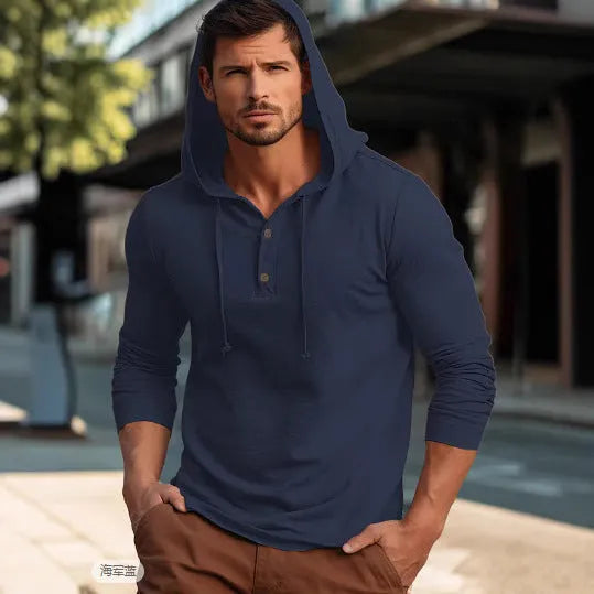 Cotton pullover hoodie in dark blue, apricot, black, blue, white, or light green with long sleeves.
