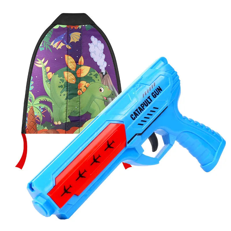 Plastic kite gun toy with rubber band and gliding kite in blue colour option