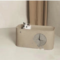Foldable felt cat nest pet bed in khaki colour, shown in its unfolded cage-like form.