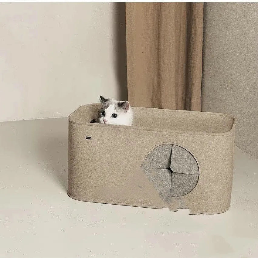 Foldable felt cat nest pet bed in khaki colour, shown in its unfolded cage-like form.