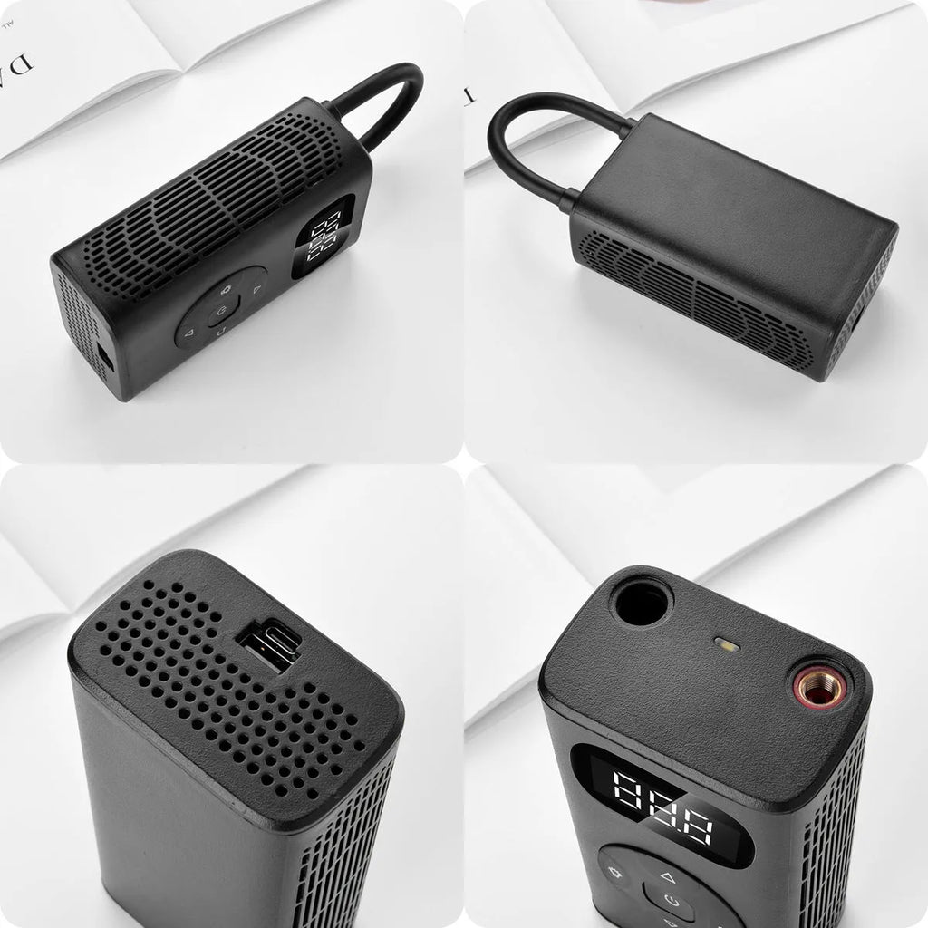 Black M09X portable tyre inflator power bank with aviation aluminium alloy construction and USB charging port