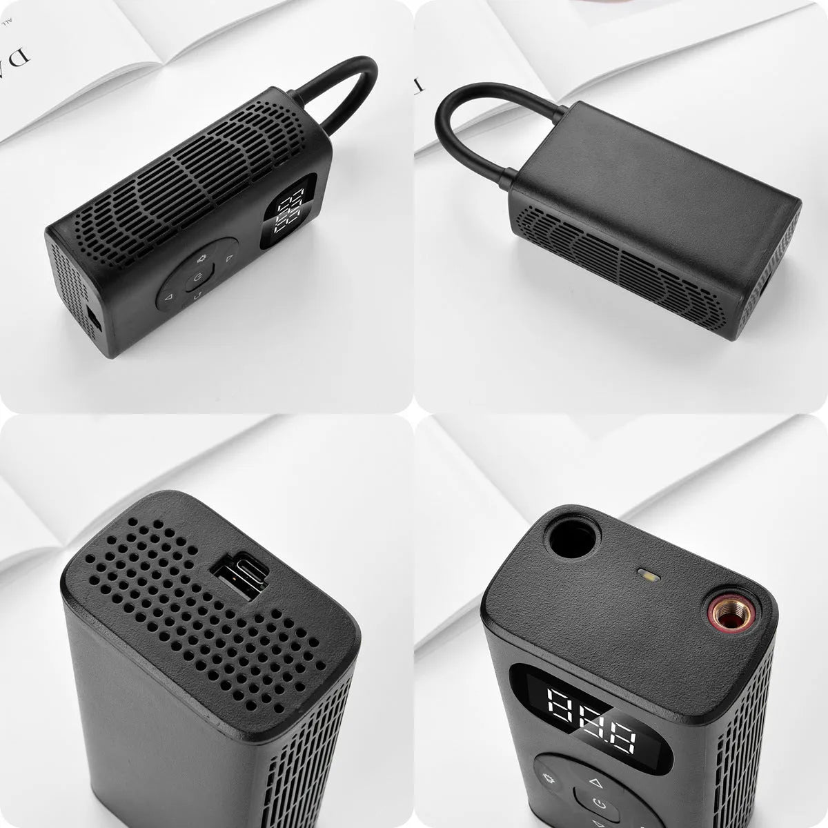 Black M09X portable tyre inflator power bank with aviation aluminium alloy construction and USB charging port