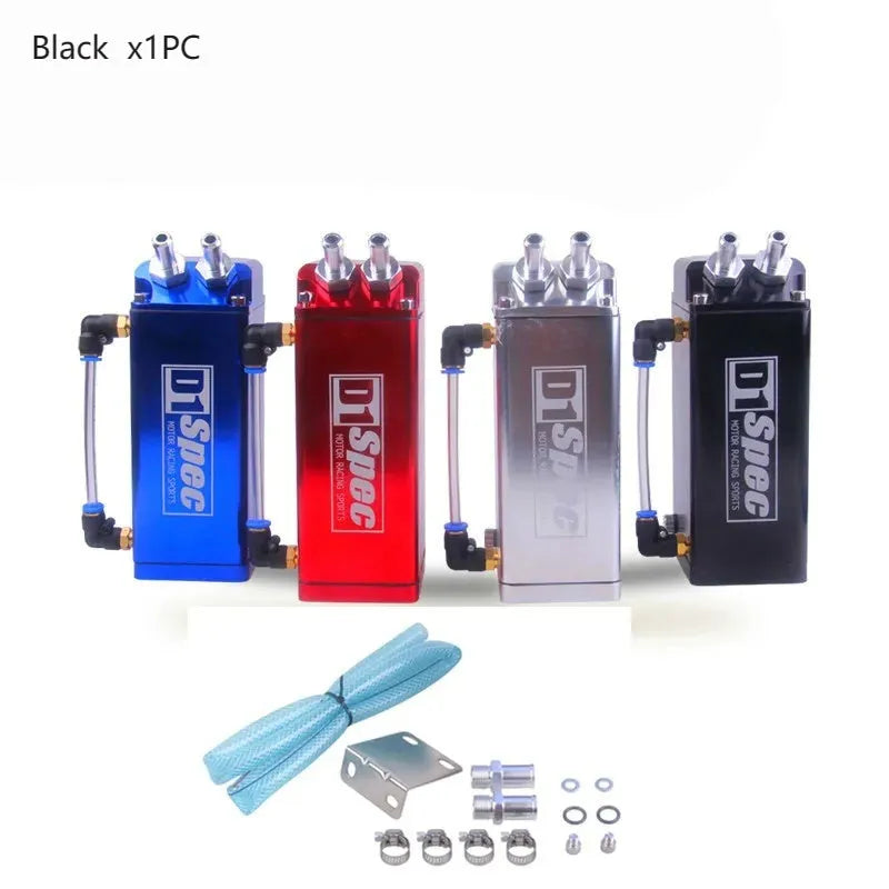 Car engine oil catch tank with perforated pot in black, blue, red, and silver colour options