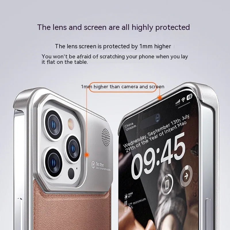 Black aluminium alloy metal half-pack phone case for Apple iPhone on a clean surface showing machined texture