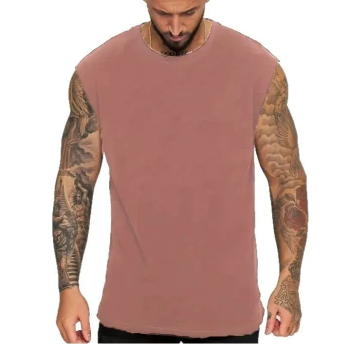 Men's loose solid colour cotton pullover tank top on a hanger, showing sleeveless design.