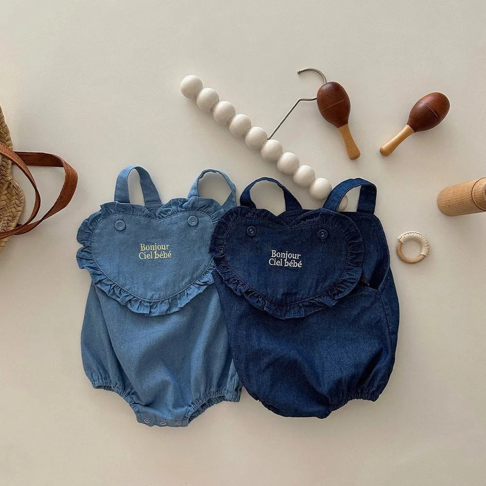 Sleeveless cotton denim baby romper in dark blue or light blue, pullover triangle jumpsuit, sizes 66cm to 100cm