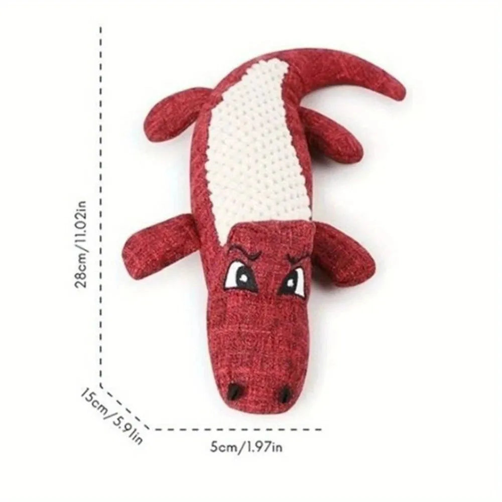 Plush squeaky dog toy in blue with linen fabric, 29cm length, on white background