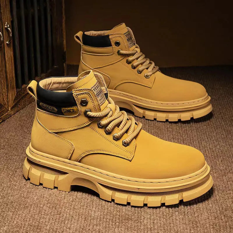 Men's brown round toe Martin boots with lace-up front and a stout heel on a rubber sole.
