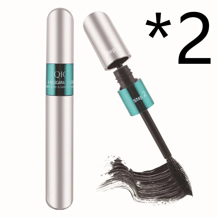 Two-in-one double mascara in silver packaging, volumising and lengthening formula, waterproof and smudge-resistant