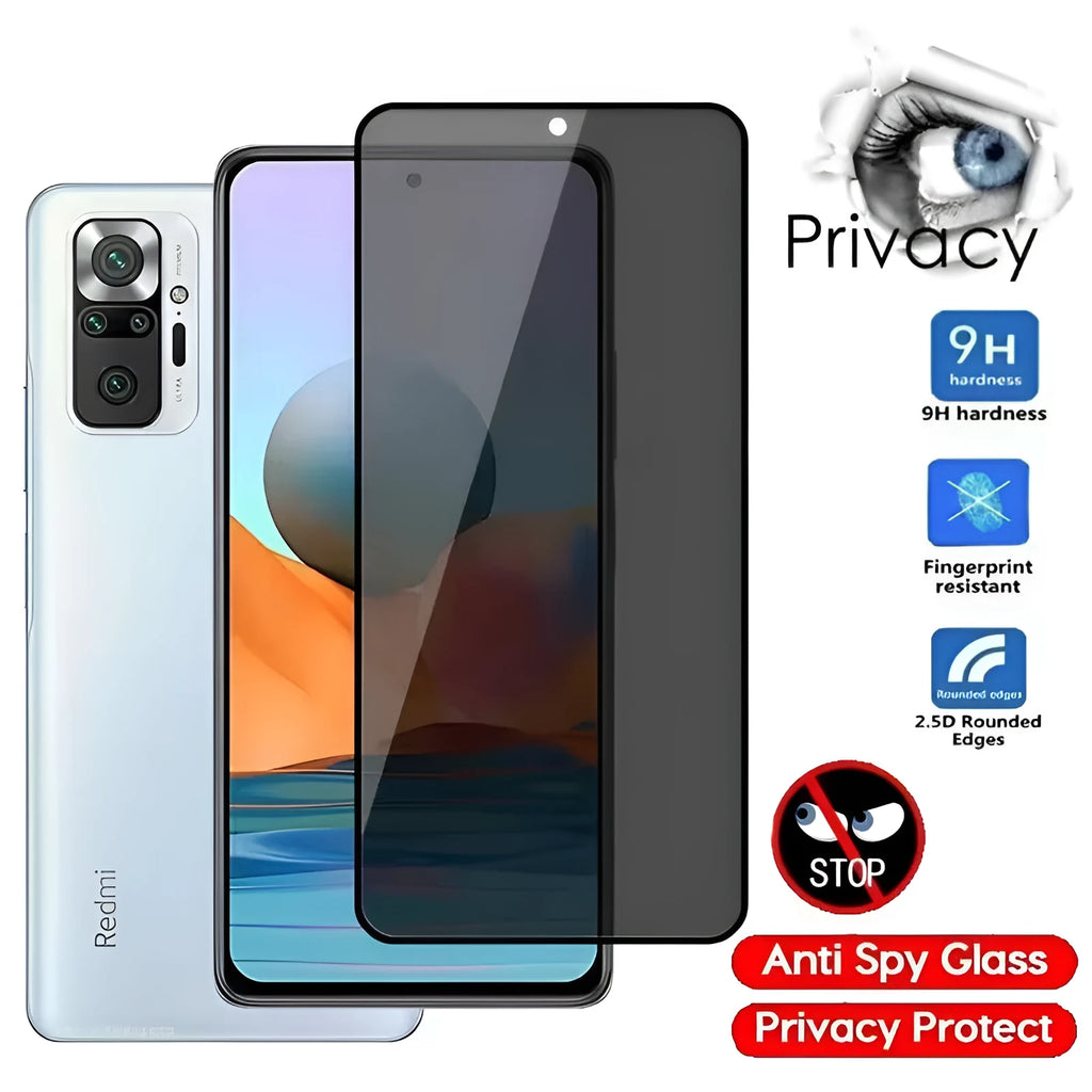 Privacy screen protector for Xiaomi Poco and Redmi smartphones showing anti-spy technology