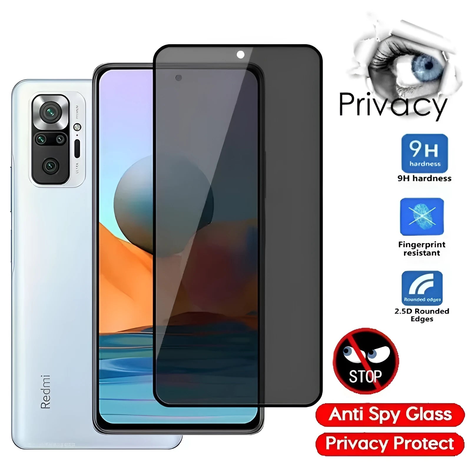 Privacy screen protector for Xiaomi Poco and Redmi smartphones showing anti-spy technology