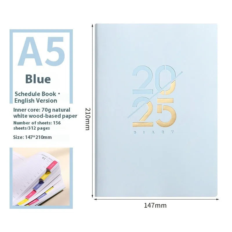 A5 faux leather daily schedule book open showing Dorian paper pages with binding detail
