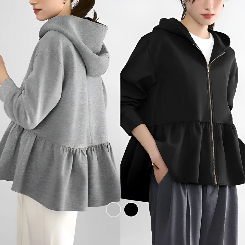 Japanese Korean style women's hooded sweatshirt jacket in gray, loose fit with petal sleeves